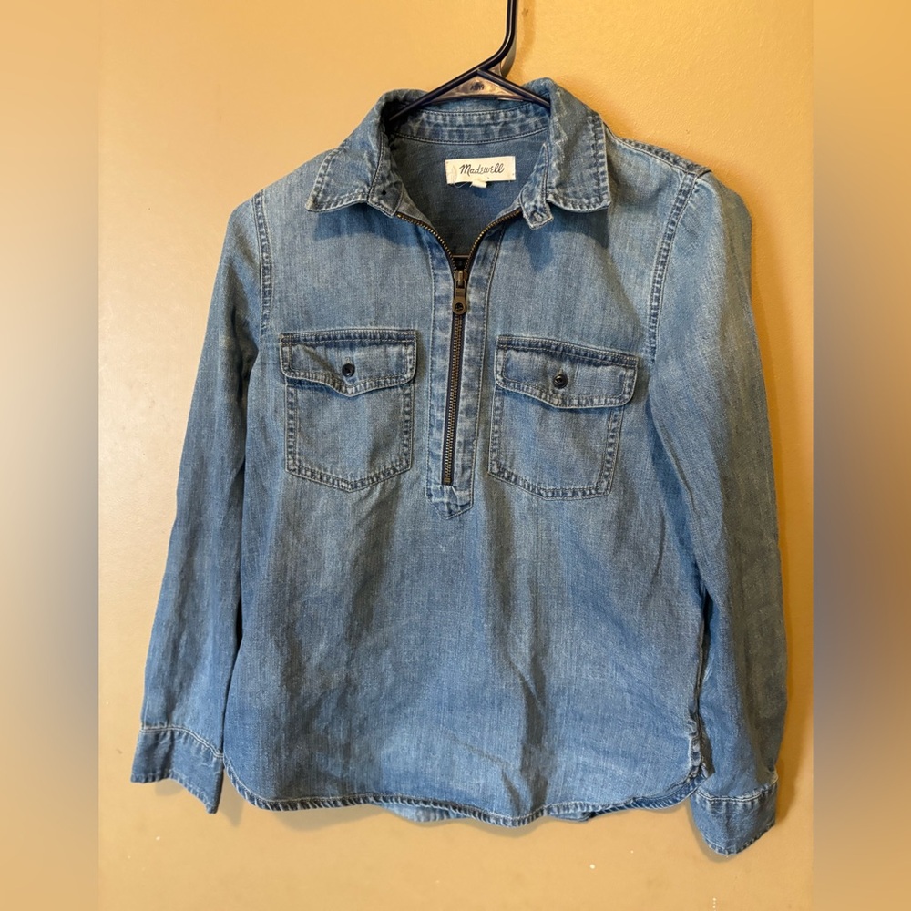 Madewell Utility Chambray Quarter-Zip Pullover - Light Wash Denim Top - Size XS